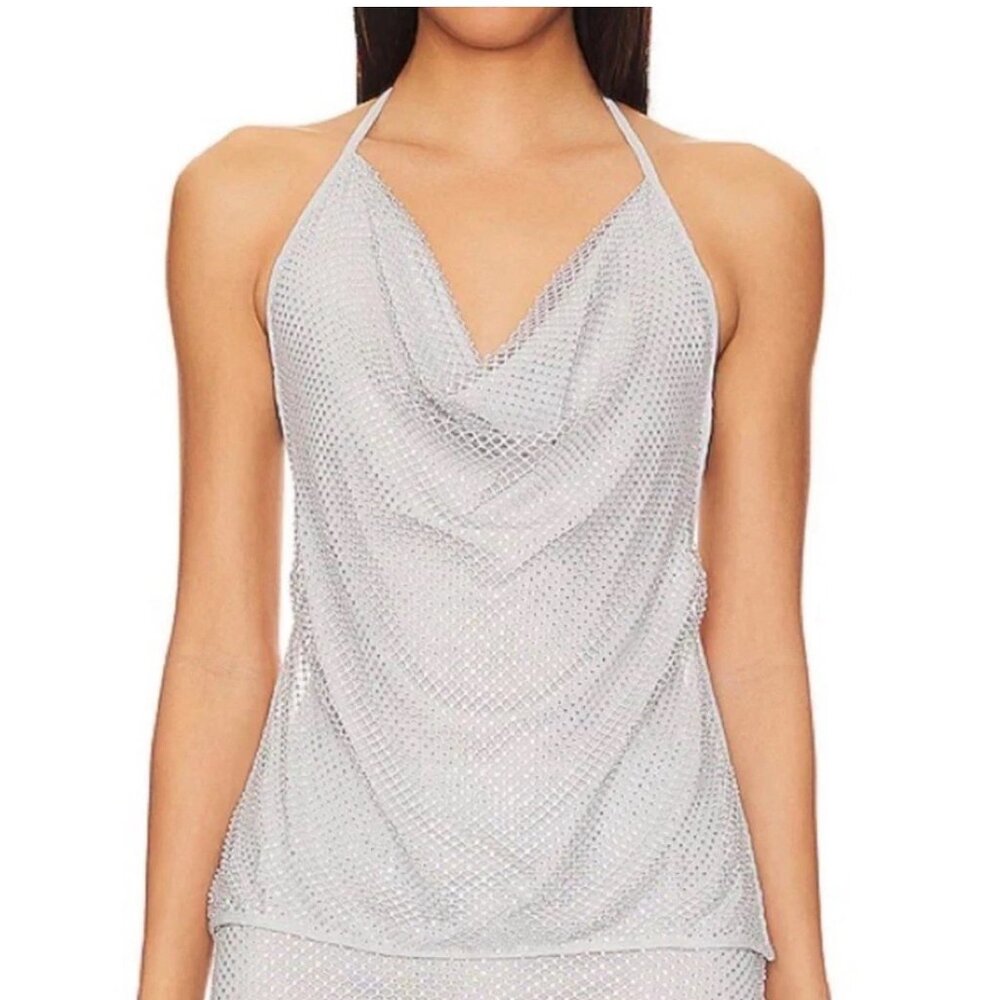 We Wore What Women's Crystal Mesh Cowl Halter Neck Top Silver / SZ Medium